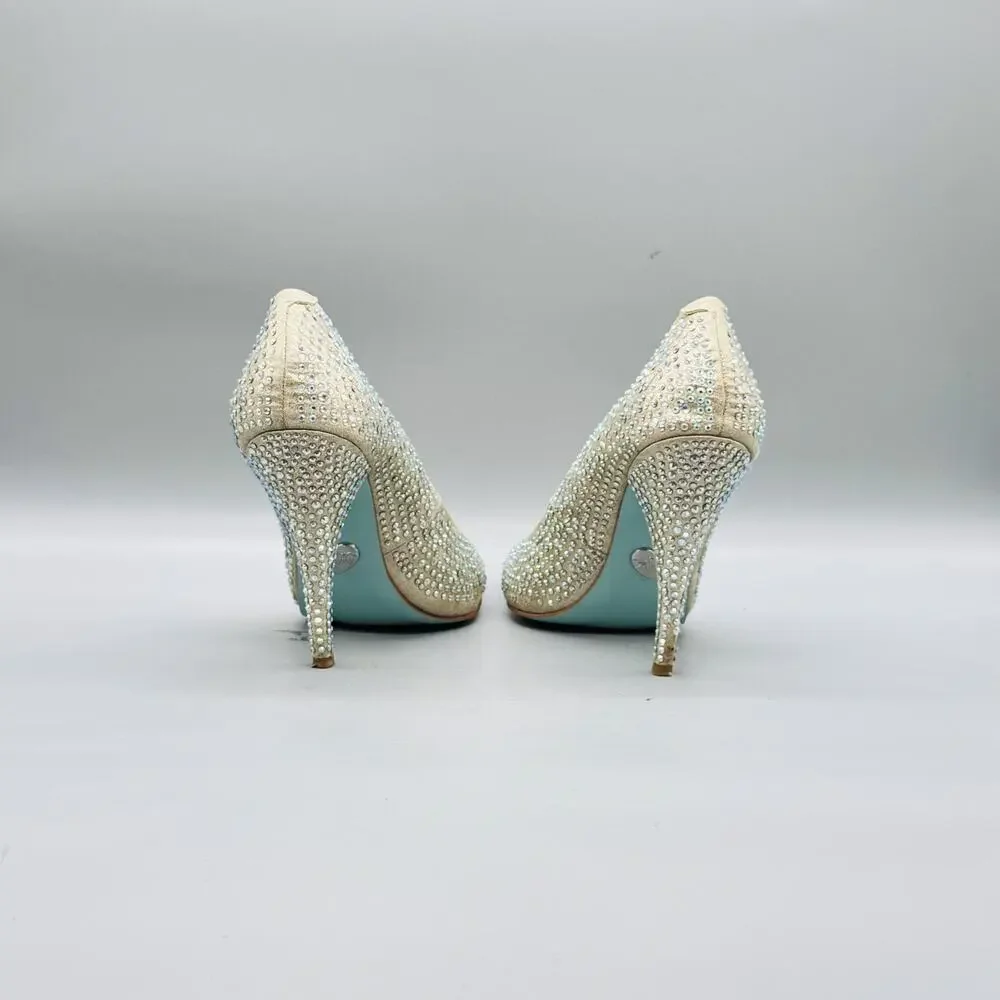 Betsey Johnson Shoes Womens 7.5 White Shine Rhinestone Pumps Stiletto Wedding